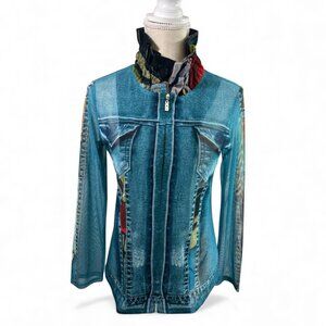 Damee Jacket Faux Denim Print Mesh Full Zip Sheer Art To Wear Sz PM